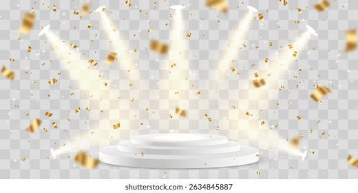 Vetor 3d pódio com holofotes png. Luzes de holofote da cena, iluminação estúdio. Estágio ou pedestal vazio. Pódio para cerimônia de premiação, apresentação do produto. Iluminação brilhante com holofotes.