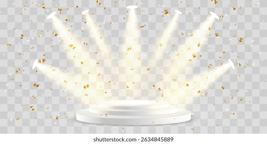 Vetor 3d pódio com holofotes png. Luzes de holofote da cena, iluminação estúdio. Estágio ou pedestal vazio. Pódio para cerimônia de premiação, apresentação do produto. Iluminação brilhante com holofotes.