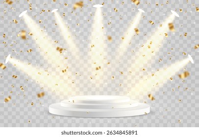 Vetor 3d pódio com holofotes png. Luzes de holofote da cena, iluminação estúdio. Estágio ou pedestal vazio. Pódio para cerimônia de premiação, apresentação do produto. Iluminação brilhante com holofotes.
