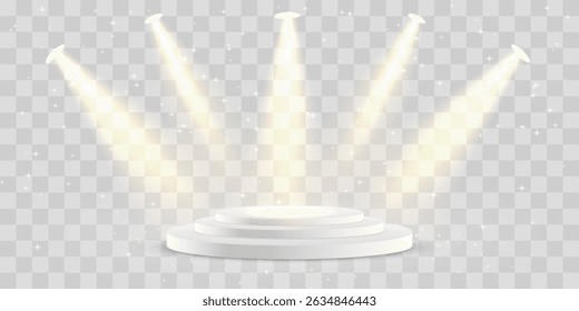Vetor 3d pódio com holofotes png. Luzes de holofote da cena, iluminação estúdio. Estágio ou pedestal vazio. Pódio para cerimônia de premiação, apresentação do produto. Iluminação brilhante com holofotes.