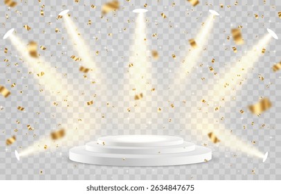 Vetor 3d pódio com holofotes png. Luzes de holofote da cena, iluminação estúdio. Estágio ou pedestal vazio. Pódio para cerimônia de premiação, apresentação do produto. Iluminação brilhante com holofotes.