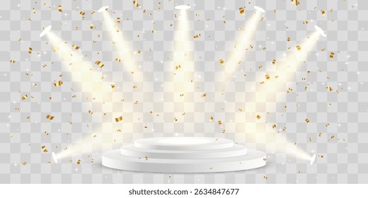Vetor 3d pódio com holofotes png. Luzes de holofote da cena, iluminação estúdio. Estágio ou pedestal vazio. Pódio para cerimônia de premiação, apresentação do produto. Iluminação brilhante com holofotes.