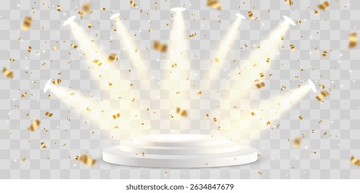 Vetor 3d pódio com holofotes png. Luzes de holofote da cena, iluminação estúdio. Estágio ou pedestal vazio. Pódio para cerimônia de premiação, apresentação do produto. Iluminação brilhante com holofotes.