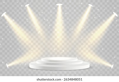 Vetor 3d pódio com holofotes png. Luzes de holofote da cena, iluminação estúdio. Estágio ou pedestal vazio. Pódio para cerimônia de premiação, apresentação do produto. Iluminação brilhante com holofotes.