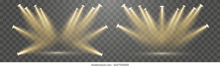 Vector 3d podium with spotlights png. Scene spotlight beams, studio lighting. Empty stage or pedestal. Podium for award ceremony, product presentation. Bright lighting with spotlights.