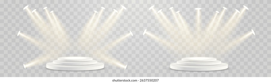 Vector 3d podium with spotlights png. Scene spotlight beams, studio lighting. Empty stage or pedestal. Podium for award ceremony, product presentation. Bright lighting with spotlights.
