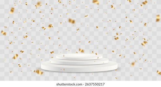 Vector 3d podium with spotlights png. Scene spotlight beams, studio lighting. Empty stage or pedestal. Podium for award ceremony, product presentation. Bright lighting with spotlights.