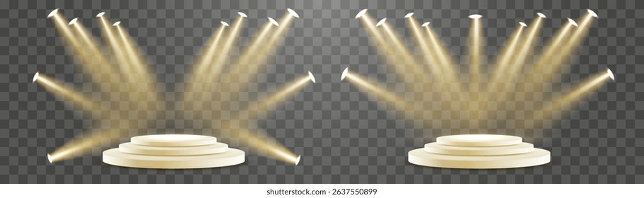 Vector 3d podium with spotlights png. Scene spotlight beams, studio lighting. Empty stage or pedestal. Podium for award ceremony, product presentation. Bright lighting with spotlights.