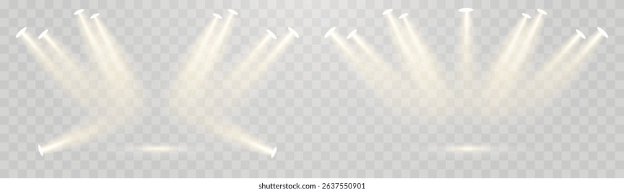 Vector 3d podium with spotlights png. Scene spotlight beams, studio lighting. Empty stage or pedestal. Podium for award ceremony, product presentation. Bright lighting with spotlights.