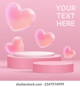 vector 3d poldium valentine's day theme, heart 3d iilustration, 3d background 