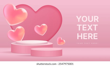 vector 3d poldium valentine's day theme, heart 3d iilustration, 3d background 