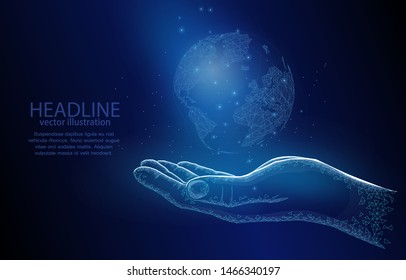 Vector 3d polygonal illustration of a concept hand with a globe, on a dark background, a symbol of the planet earth protecting the ecology, respect for resources.