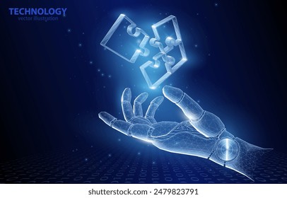 Vector 3D concepto de ilustración poligonal, la mano de un robot humanoide por encima del cual es una Imagen de un puzzle, inteligencia artificial, aprendizaje automático, análisis de datos, asistente virtual.