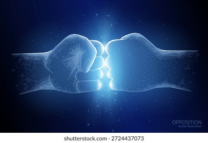 Vector Ilustración poligonal 3D concepto de manos poligonales que sostienen puños y se enfrentan entre sí, un símbolo de oposición, conflicto, confrontación y otras formas diversas en los negocios, la política y los deportes.