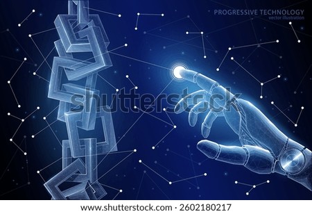 Vector 3D polygonal illustration concept, humanoid robot hand and square chain symbolizing blockchain technology, cryptocurrencies, AI assistant, innovation, banking, business.