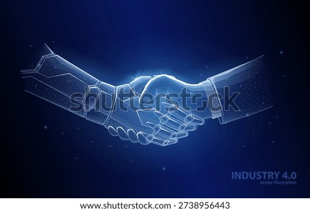Vector 3D polygonal illustration concept, on a dark blue background, the unification of technology and humans, automation, production optimization, data exchange, artificial intelligence, security, business, industry.