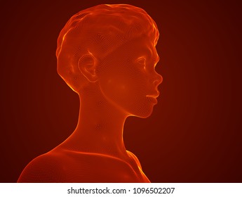 vector 3d portrait of a girl from a rendered grid on a colored background.