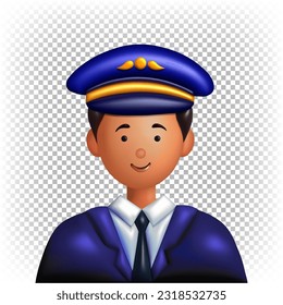 Vector 3D portrait of a pilot in uniform. Illustration, icon, avatar on a white background.