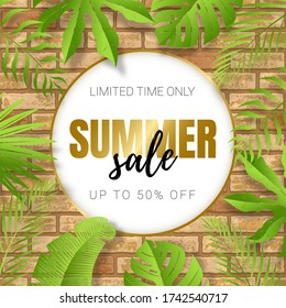 Vector 3d poster with gold text Summer Sale in white circle. Brown brick wall texture. Floral frame of green tropical leaves. Art discount banner.