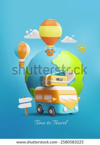 Vector 3D poster illustration with planet earth, bus, suitcase and hot air balloon in the clouds. Travel, adventure and vacation trips theme. Cartoon style. Place for test.