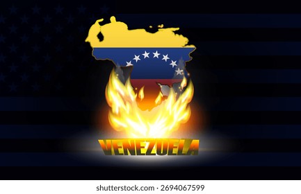 Cartel 3D de Vector. Mapa de la República Bolivariana de Venezuela en colores nacionales. Llamas calientes brillantes. Bandera estadounidense oscura. Anuncio político militar. Incendio