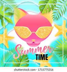 Vector 3d poster with pink cat face with gold glasses and text Summer Time. Wavy blue sea frame. Textured starfishes. Tropical leaves. Original banner design.