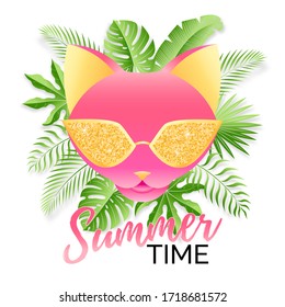Afiche vectorial 3d con cara de gato rosa con gafas de oro y texto Tiempo de verano. Marco floral de hojas tropicales verdes brillantes. Aislado sobre fondo blanco. Diseño de pancartas vívidas.