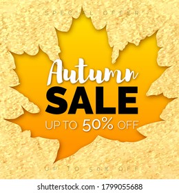 Vector 3d poster with text Autumn Sale in yellow cutout of maple leaf shape on gold textured background. Bright discount banner.