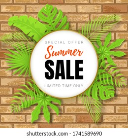 Vector 3d poster with text Summer Sale in white circle. Brown brick wall texture. Green tropical leaves. Bright discount banner.