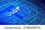 Vector 3D poster. Volumetric letters, abbreviation USDT. Stablecoin, digital global currency. Bright blue glow, luminescence. New means of payment. Symbols of virtual money. United States Dollar