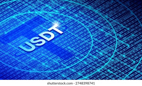 Vector 3D poster. Volumetric letters, abbreviation USDT. Stablecoin, digital global currency. Bright blue glow, luminescence. New means of payment. Symbols of virtual money. United States Dollar