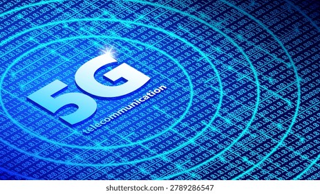 Vector 3D poster. Volumetric letters, abbreviation 5G. Digital global telecommunication. Bright blue glow, luminescence. Symbol. Virtual technological space. Telephony, Internet and communication