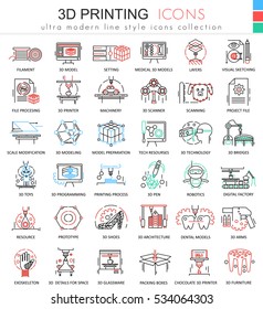 Vector 3d printing color line outline icons for apps and web design. Future 3d printing technology icons