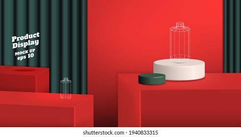 Vector 3d product display background, red color block studio kiosk with dark green curtain.banner with copy space for display of product for advertise