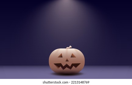 Vector 3d Pumpkin near the purple wall and spot light above. Halloween party, orange pumpkin near wall. 3d illustration, place for text, Happy Halloween party poster