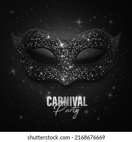 Vector 3d Reaistic Black Carnival Masquerade Mask with Silver Glitter Decoration. Face Carnival Mask Closeup on Black. Carnival Party Banner, Card. Halloween, Festival, Masquerade Concept