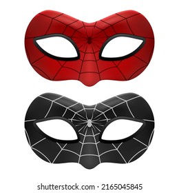 Vector 3d Reaistic Spider Mask Icon Set Isolated. Vector. Super Face Carnival Red and Black Mask with Spider Web and Spider Closeup. Halloween, Party Concept