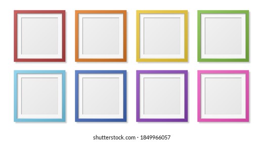 Vector 3D Reaistic Wooden or Plastic Simple Modern Minimalistic Square Colored Picture Frame Set Isolated on White Background. Design Template for Mockup, Presentations, Art Projects, Photos