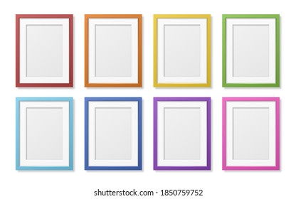 Vector 3D Reaistic Wooden or Plastic Simple Modern Minimalistic A4 Colored Picture Frame Set Isolated on White Background. Design Template for Mockup, Presentations, Art Projects, Photos