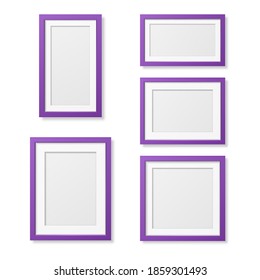 Vector 3D Reaistic Wooden or Plastic Simple Modern Minimalistic Purple Picture Frame Set Isolated on White Background. Design Template for Mockup, Presentations, Art Projects and Photos