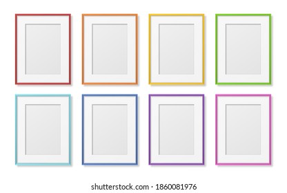 Vector 3D Reaistic Wooden, Plastic Simple Modern Minimalistic A4 Colored Picture Frame Set Isolated on White Background. Design Template for Mockup, Presentations, Art Projects, Photos