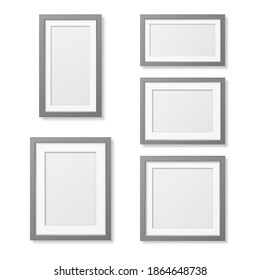 Vector 3D Reaistic Wooden or Plastic Simple Modern Minimalistic Gray Picture Frame Set Isolated on White Background. Design Template for Mockup, Presentations, Art Projects and Photos