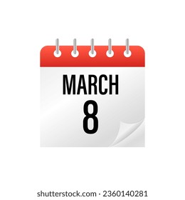 Vector 3d Realistic 8 March Day Paper Classic Simple Minimalistic Red Calendar, International Womens Day. Design Template for Women Holiday Card, Banner, Wall Calendar. Vector illustration