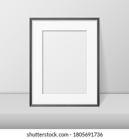 Vector 3d Realistic A4 Black Wooden Simple Modern Frame on a White Shelf or Table Against a White Wall. It can be used for presentations. Design Template for Mockup, Front View