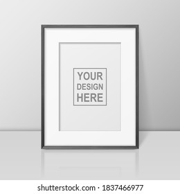 Vector 3d Realistic A4 Black Wooden Simple Modern Frame on a Glossy White Shelf or Table with Reflection Against a White Wall. It can be used for presentations. Design Template for Mockup, Front View