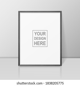 Vector 3d Realistic A4 Black Wooden Simple Modern Frame on a Glossy White Shelf or Table with Reflection Against a White Wall. It can be used for presentations. Design Template for Mockup, Front View