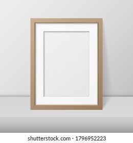 Vector 3d Realistic A4 Brown Wooden Simple Modern Frame on a White Shelf or Table Against a White Wall. It can be used for presentations. Design Template for Mockup, Front View