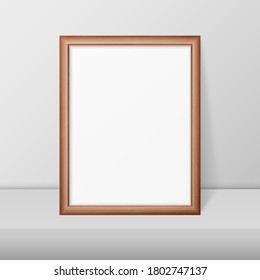 Vector 3d Realistic A4 Brown Wooden Simple Modern Frame on a White Shelf or Table Against a White Wall. It can be used for presentations. Design Template for Mockup, Front View
