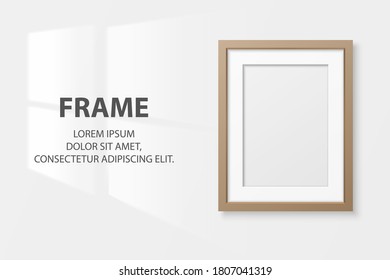 Vector 3d Realistic A4 Brown Wooden Simple Modern Frame on a White Wall Background. It can be used for presentations. Design Template for Mockup, Front View