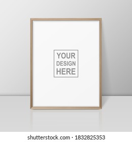 Vector 3d Realistic A4 Brown Wooden Simple Modern Frame on a Glossy White Shelf or Table with Reflection Against a White Wall. It can be used for presentations. Design Template for Mockup, Front View